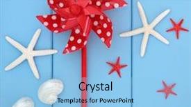 Presentation with pearl - PPT theme having toy windmill starfish cockle and mother of pearl shells over wooden blue background background and a light blue colored foreground