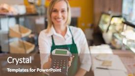  Presentation with smart card reader - Slide deck enhanced with tpe - portrait of female shop owner background and a tawny brown colored foreground