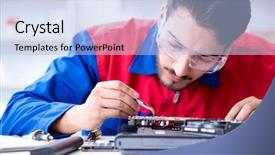  Presentation with technical support - Presentation consisting of tr - repairman working in technical support background and a  colored foreground