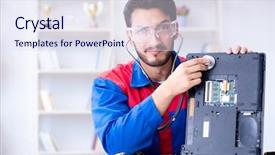  Presentation with technical support - Colorful slide deck enhanced with tr - repairman working in technical support backdrop and a sky blue colored foreground
