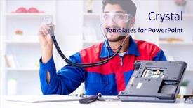  Presentation with technical support - Slide set featuring tr - repairman working in technical support background and a  colored foreground