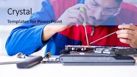  Presentation with technical support - Slides enhanced with tr - repairman working in technical support background and a  colored foreground