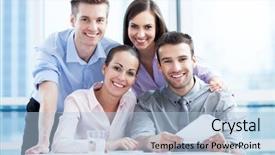  Presentation with team - PPT theme featuring trabajo en equipo - business team at the office background and a  colored foreground