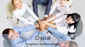  Presentation with team hands - Audience pleasing PPT theme consisting of trabajo en equipo - view from above of business backdrop and a light blue colored foreground