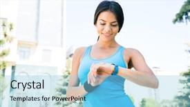  Presentation with smart watch red - Beautiful PPT theme featuring tracker - happy sporty woman using smart backdrop and a light blue colored foreground