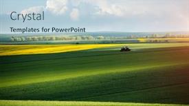 Presentation with tractor - PPT theme with tractor-spraying-pesticides-on-soybean background and a lemonade colored foreground