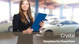  Presentation with car dealer - Cool new PPT theme with trade exhibit - beautiful car dealer smiling backdrop and a  colored foreground