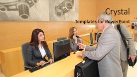 Presentation with congress - Cool new slides with trade exhibit - businessmen at the reception desk backdrop and a coral colored foreground