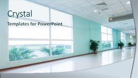  Presentation with modern building - Slides having trade exhibit - empty long corridor background and a sky blue colored foreground