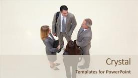  Presentation with business group meeting - Audience pleasing theme consisting of trade exhibit - group of business people meeting backdrop and a lemonade colored foreground