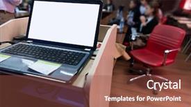  Presentation with african american in computer lab business - Beautiful PPT layouts featuring trade exhibit - laptop computer at podium backdrop and a tawny brown colored foreground