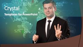  Presentation with news - Amazing slide deck having trade market analyst is studio reporting world trading news with map concept on background backdrop and a teal colored foreground