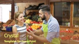  Presentation with salesman - Theme having trade marketing supermarket - salesman helping customer choosing vegetables background and a tawny brown colored foreground