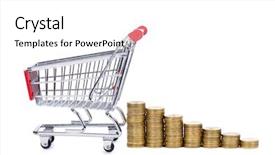  Presentation with shopping cart or supermarket trolley - PPT theme enhanced with trade marketing supermarket - shopping cart and coins isolated background and a  colored foreground