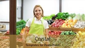  Presentation with wooden - Theme with trade marketing supermarket - young shop assistant holding wooden background and a gold colored foreground