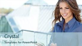  Presentation with real estate prices - Presentation theme enhanced with trade show - attractive real estate agent woman background and a cool aqua colored foreground