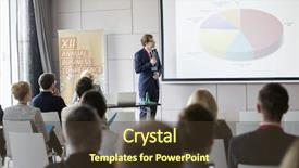  Presentation with pie chart - Colorful presentation theme enhanced with trade show - businessman explaining pie chart backdrop and a tawny brown colored foreground