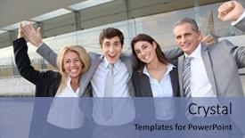  Presentation with trade - Theme with trade show - group of happy business people background and a seafoam green colored foreground