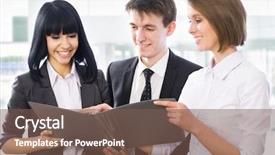  Presentation with young business people - Slide set with trade show - happy young business people working background and a violet colored foreground