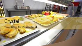  Presentation with cafeteria - Slides featuring trade show - hot trays with cooked food background and a yellow colored foreground