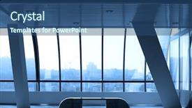  Presentation with futuristic fintech - Cool new presentation design with trade show - interior of futuristic building background backdrop and a ocean colored foreground