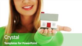  Presentation with white house - Beautiful slide deck featuring trade show - young casual woman holding house backdrop and a  colored foreground