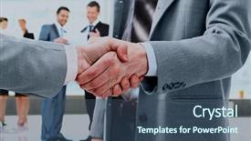  Presentation with trade - Colorful presentation design enhanced with trade union - business handshake and business people backdrop and a ocean colored foreground