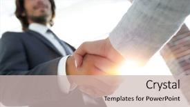  Presentation with partner puzzle - Cool new slide set with trade union - excited smiling businessman handshaking partner backdrop and a soft green colored foreground