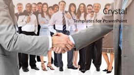  Presentation with trade - Audience pleasing slides consisting of trade union - handshake isolated on business background backdrop and a coral colored foreground