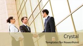  Presentation with director in the making - Slide set with trade union - portrait of successful partners handshaking background and a coral colored foreground