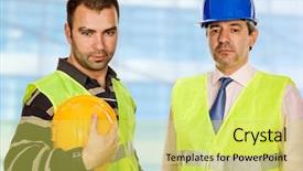  Presentation with trade - Theme consisting of trade union - proud boss and worker standing background and a yellow colored foreground