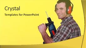  Presentation with medical protective wears - Presentation design consisting of trade union actions - man wearing protective ear muff background and a white colored foreground