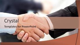  Presentation with partners - Audience pleasing theme consisting of photo of handshake of business partners after striking deal backdrop and a coral colored foreground