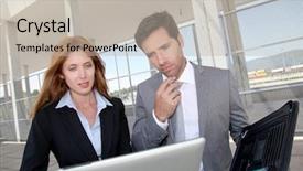  Presentation with tradeshow - Slide deck having tradeshow - business partners meeting outside background and a mint green colored foreground