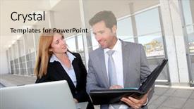  Presentation with partners - PPT layouts with tradeshow - business partners meeting outside background and a soft green colored foreground