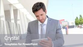  Presentation with tradeshow - Cool new theme with tradeshow - businessman using electronic tablet outside backdrop and a gray colored foreground