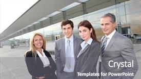  Presentation with group - Beautiful PPT theme featuring tradeshow - group of business people standing backdrop and a gray colored foreground