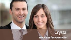  Presentation with five business people standing together and smiling - Amazing presentation theme having tradeshow - portrait of business people standing backdrop and a tawny brown colored foreground