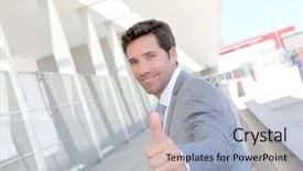  Presentation with tradeshow - PPT theme with tradeshow - portrait of businessman with thumb background and a light gray colored foreground