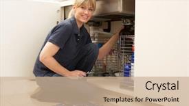  Presentation with plumber - Audience pleasing PPT theme consisting of tradesman - female plumber working on sink backdrop and a coral colored foreground