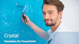  Presentation with prehistoric man - Beautiful presentation theme featuring tradesman - man painting backdrop and a teal colored foreground
