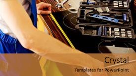  Presentation with kitchen cabinet - Beautiful presentation theme featuring tradesman - young repair man measuring kitchen backdrop and a gold colored foreground