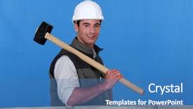  Presentation with mallet - PPT theme featuring construction cmu - tradesman holding a mallet background and a teal colored foreground