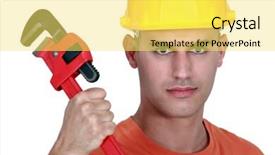  Presentation with pipe - Slide set consisting of close up heavy duty - tradesman holding a pipe wrench background and a yellow colored foreground