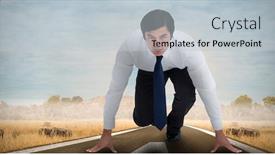  Presentation with savannah - Audience pleasing presentation design consisting of tradesman in sprinting position against savannah road landscape backdrop and a light gray colored foreground