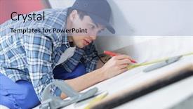  Presentation with flooring - PPT theme consisting of tradesman laying down linoleum flooring background and a light blue colored foreground