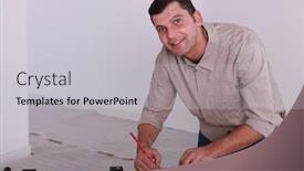  Presentation with measurement - Presentation design consisting of tradesman marking a measurement on a wooden plank background and a light gray colored foreground