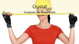  Presentation with tape - Audience pleasing theme consisting of tradeswoman-extending-a-measuring-tape backdrop and a blonde colored foreground