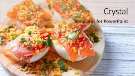  Presentation with tapas - Presentation design enhanced with tradicion food - filled eggs with salmon pinchos background and a yellow colored foreground