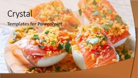  Presentation with tapas - Presentation design enhanced with tradicion food - filled eggs with salmon pinchos background and a yellow colored foreground
